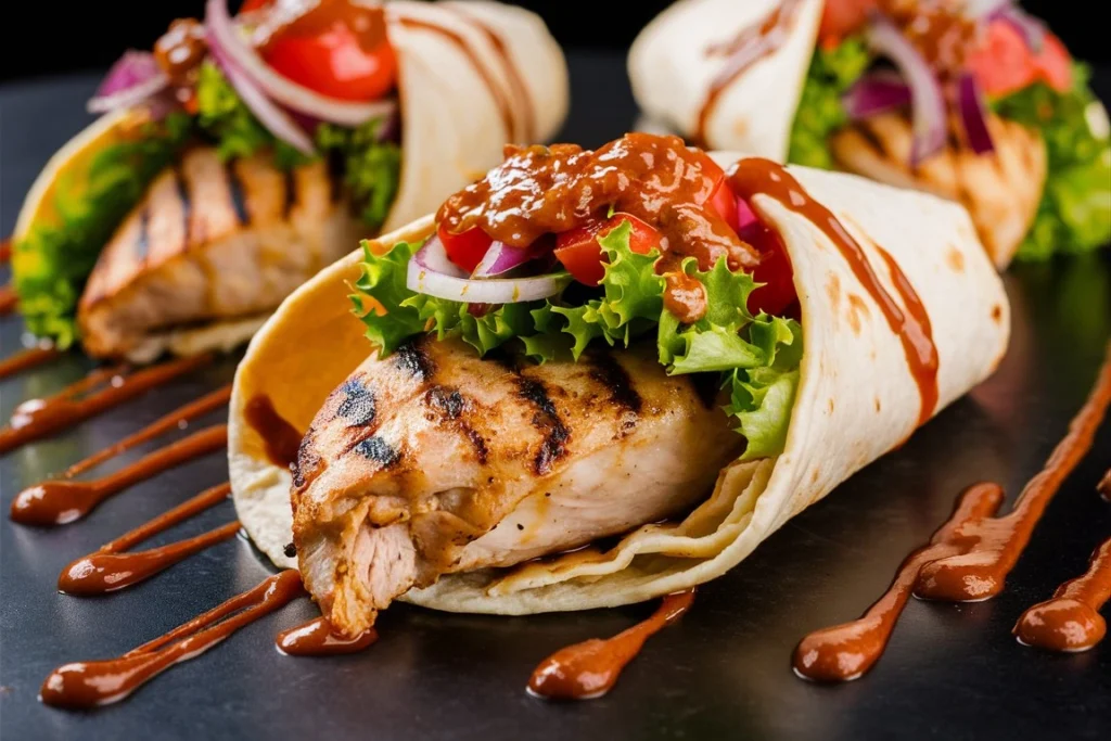 Spicy grilled chicken wrap sliced in half, showing fresh veggies and juicy chicken.