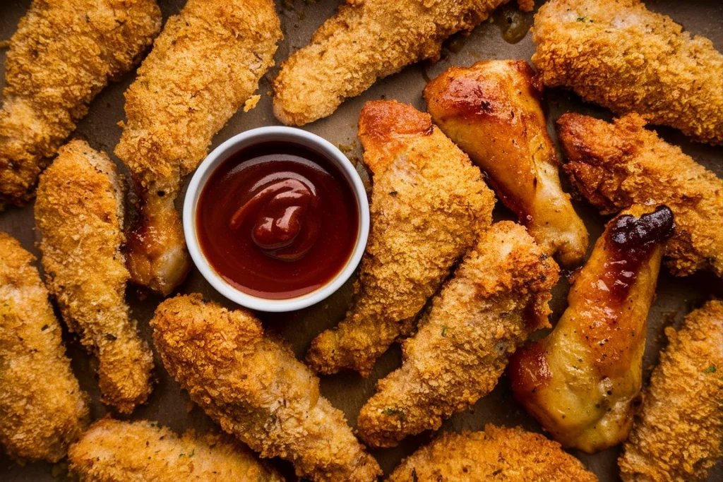 Baked crispy chicken tenders on a plate, ready to serve.