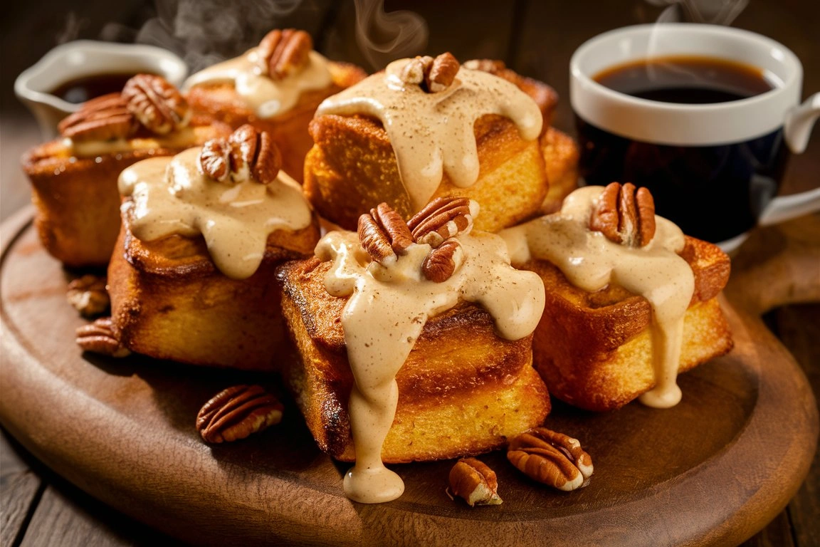 Cinnamon Roll French Toast Bites stacked on a plate with caramelized nuts on top.