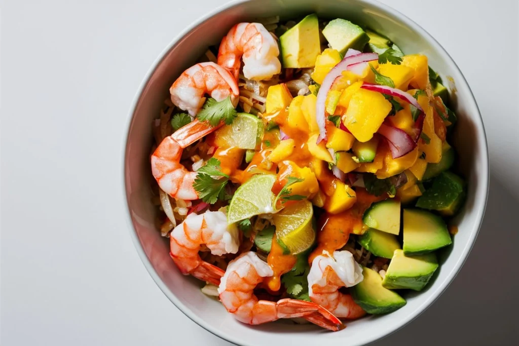 Close-up of fresh mango salsa and lime-chili sauce in a bowl, with a spoon ready to serve.