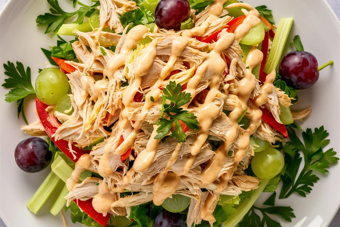 A plate of chicken salad served with crackers and fresh herbs.