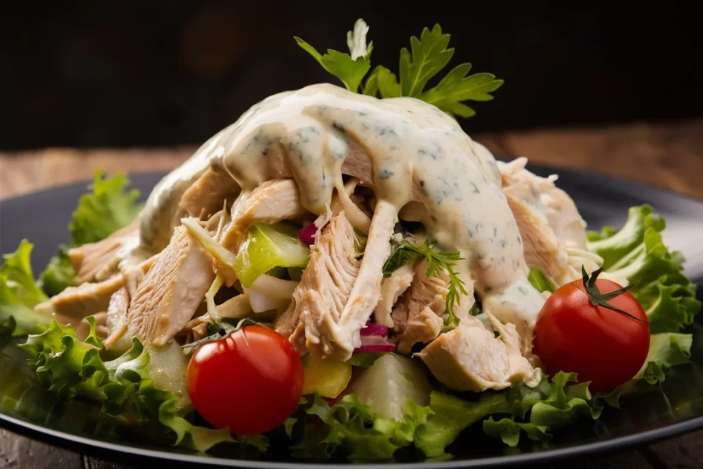 A chicken salad sandwich on whole-grain bread with lettuce.