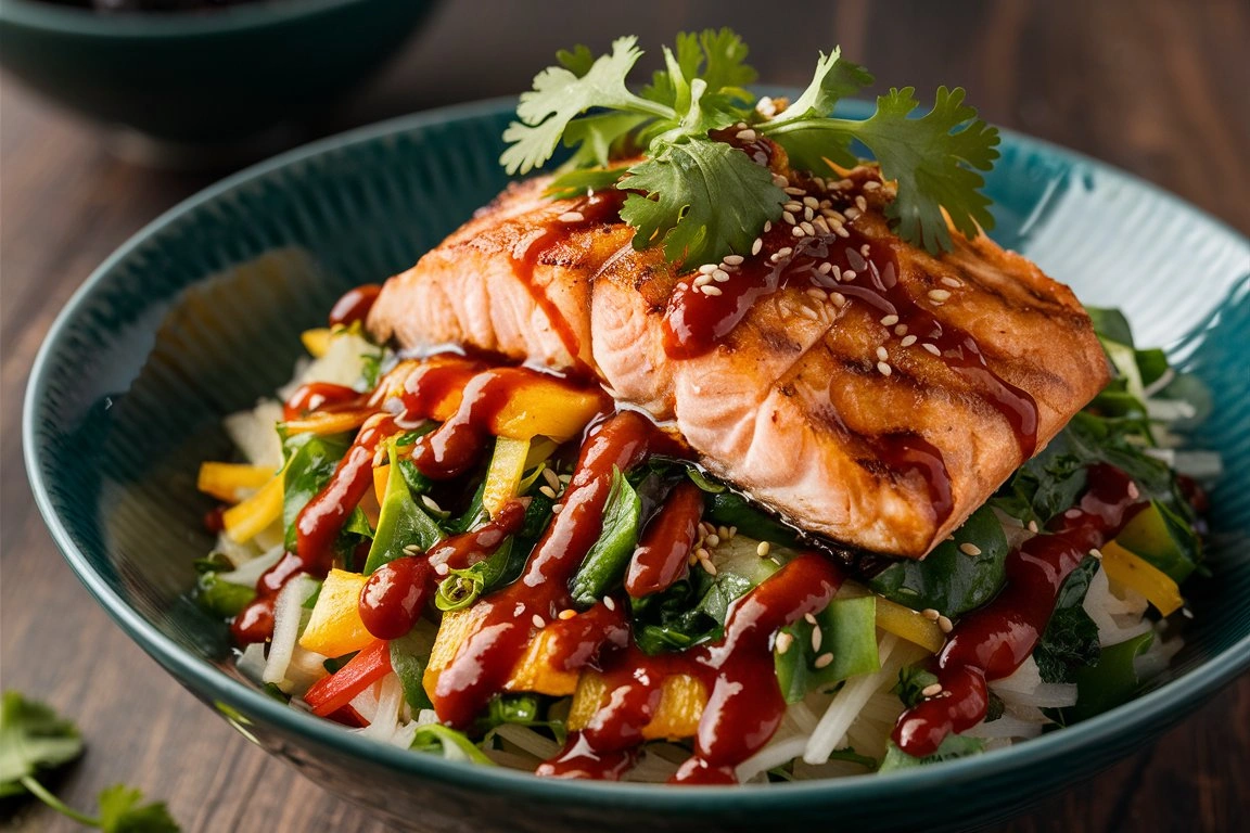 A Sweet Chili Salmon Bowl topped with cilantro, lime, and sesame seeds.