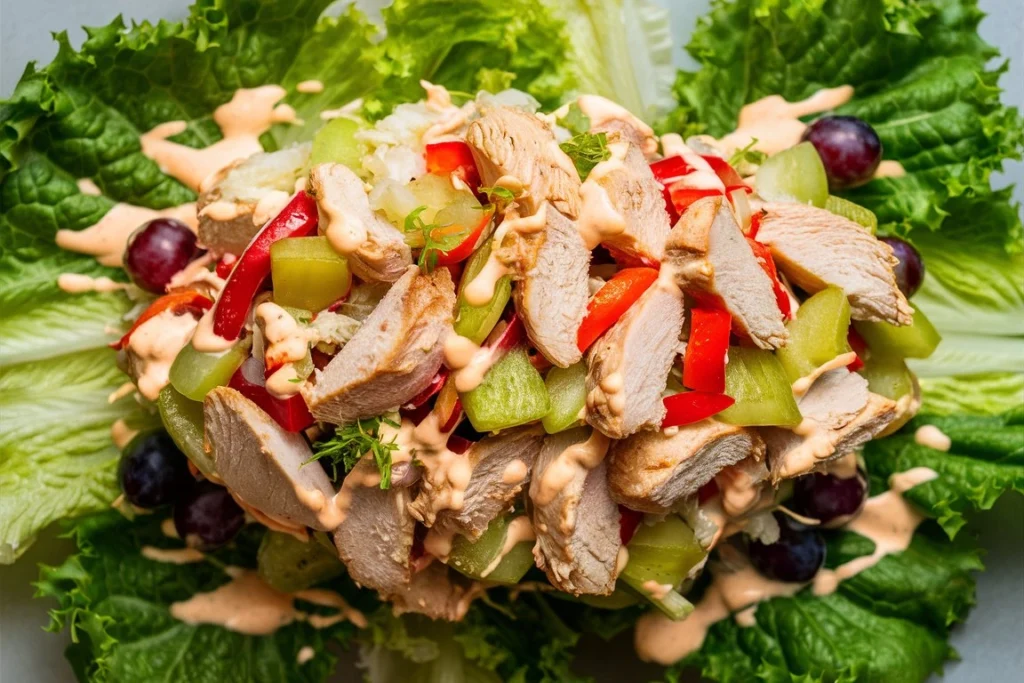 Grilled chicken salad with colorful vegetables and a tangy vinaigrette.