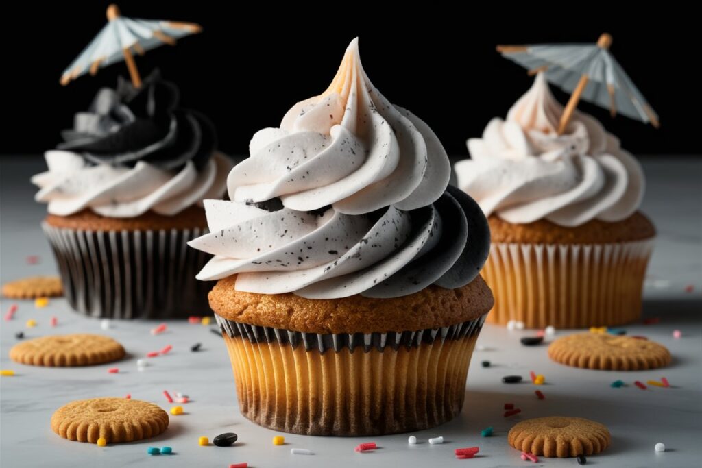 Swirled chocolate and vanilla marble cupcake with creamy frosting