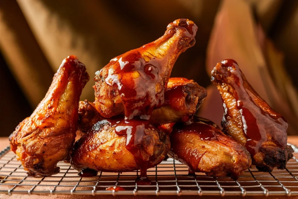 Juicy barbecue chicken wings glazed with a rich, smoky sauce, served on a wooden plate with fresh herbs.