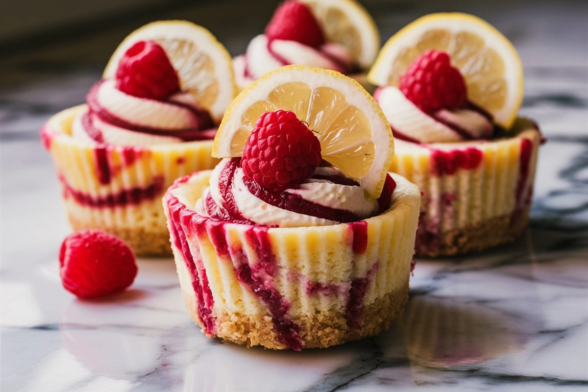 Lemon raspberry cheesecake cup sliced open, showing the creamy interior with vibrant raspberry swirls.