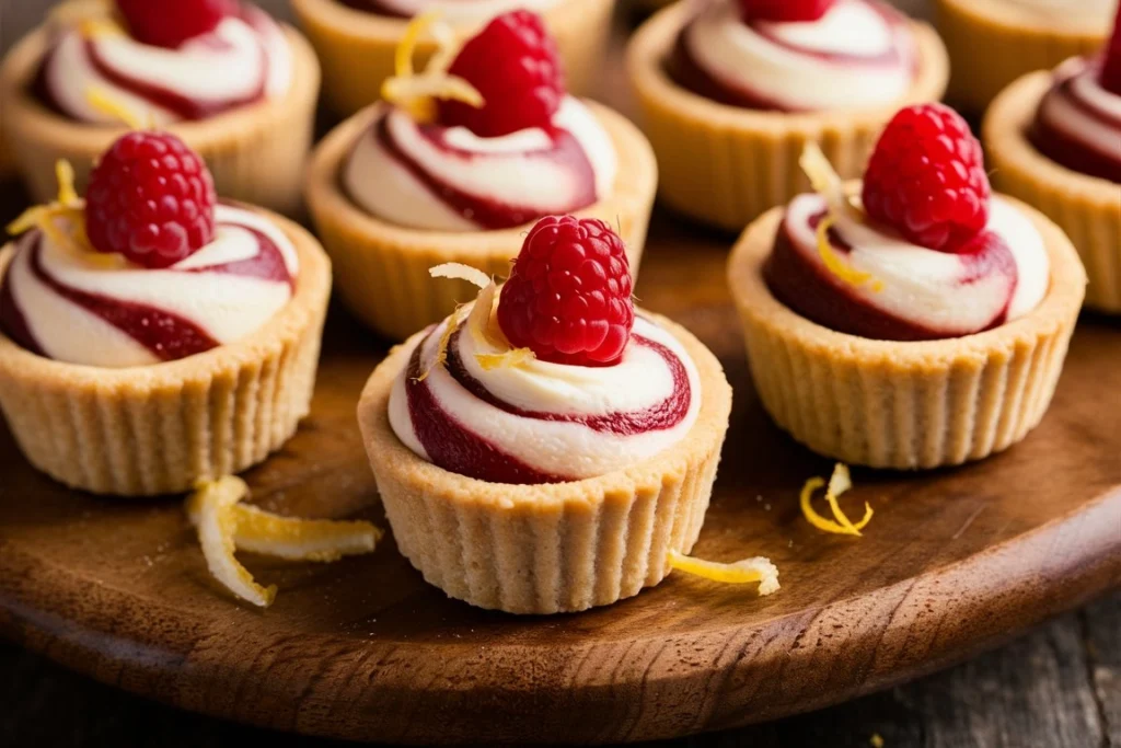 Close-up of a luscious lemon raspberry swirl cheesecake cup topped with fresh raspberries and lemon zest.