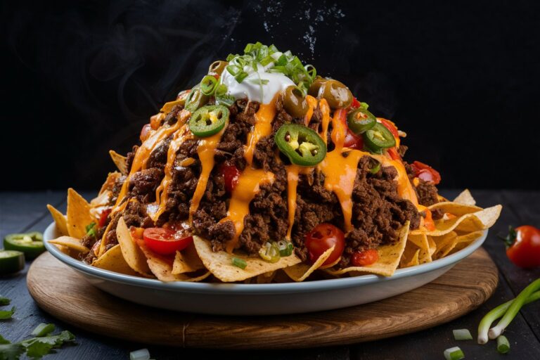 A delicious plate of beef nachos supreme topped with melted cheese, fresh tomatoes, jalapeños, and a dollop of sour cream.