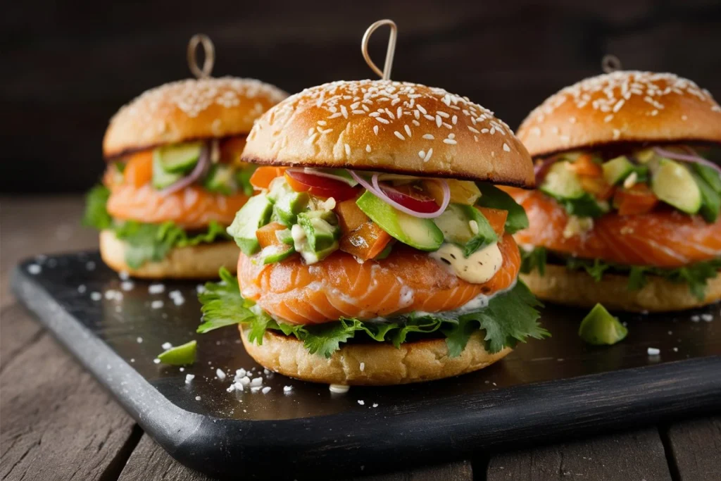 A plated salmon burger with avocado salsa, served with a side of crispy sweet potato fries.