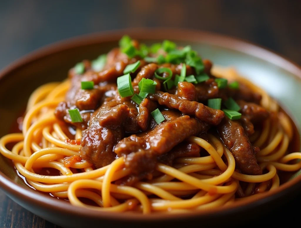 A steaming bowl of sticky beef noodles with tender beef slices, coated in a savory glaze, topped with sesame seeds.