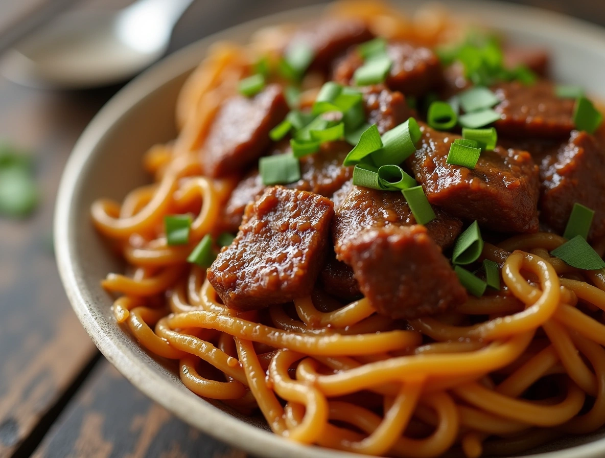 A bowl of sticky beef noodles, coated in a glossy sauce, garnished with green onions and sesame seeds.