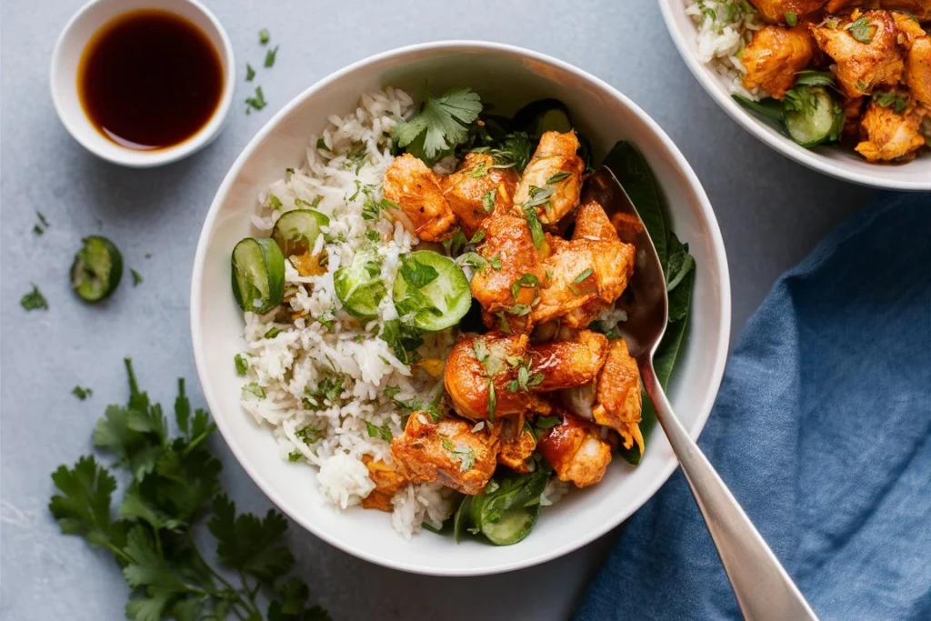 A vibrant honey chipotle chicken rice bowl with sliced chicken, avocado, corn, and cilantro.